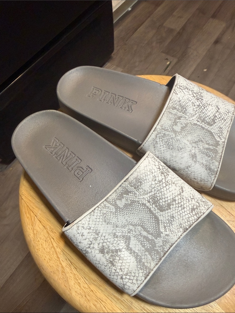 PINK Victoria's Secret Gray Snake-Print Slide Sandals
